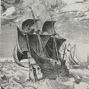 Bruegel, Dutch Hulk and Boeier Sailing Vessels, Engraving Bookplate 241229-WH 70